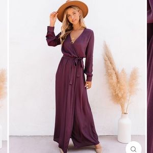 VICI LONG SLEEVE SOLID BARDOT WRAP MAXI DRESS